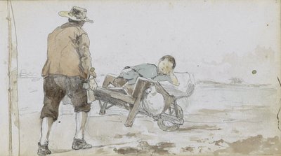 Paisaje con un hombre empujando a un niño en una carretilla de Johan Hendrik Weissenbruch