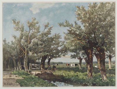 Paisaje con una zanja donde dos niños están pescando de Johan Hendrik Weissenbruch