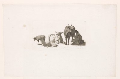 Mujer ordeñando una vaca, con vacas y ovejas. de Johan Jakob Biedermann