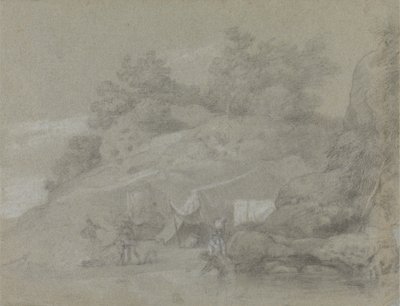 Un río junto a una orilla rocosa con figuras, posiblemente en la India de Johan Joseph Zoffany