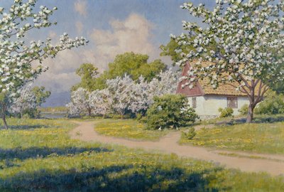 Un paisaje boscoso con una casa de campo en primavera de Johan Krouthén