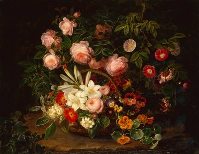 Una cesta de rosas, lirios y pensamientos junto a un rosal de Johan Laurents Jensen