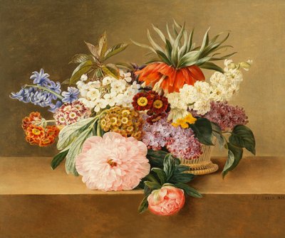 Iris, lilas, prímulas, flores y peonías en una canasta de Johan Laurents Jensen