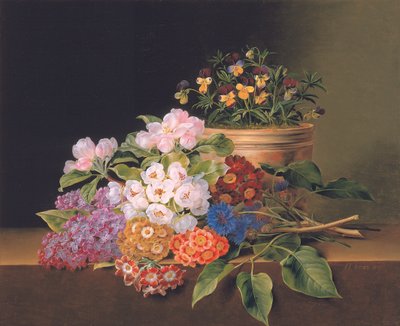 Lilas, flor de manzano, acianos y claveles con una maceta de violas en un borde, 1827 de Johan Laurents Jensen
