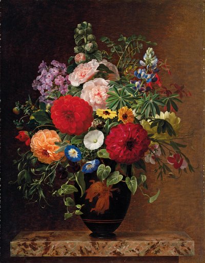 Lilas, flores de manzano, acianos y claveles con una maceta de violas en un borde, 1827 de Johan Laurents Jensen