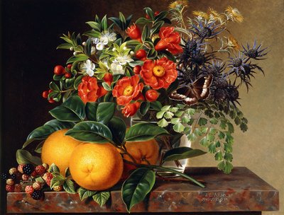 Naranjas, moras y un jarrón de flores en un borde, 1834 de Johan Laurents Jensen
