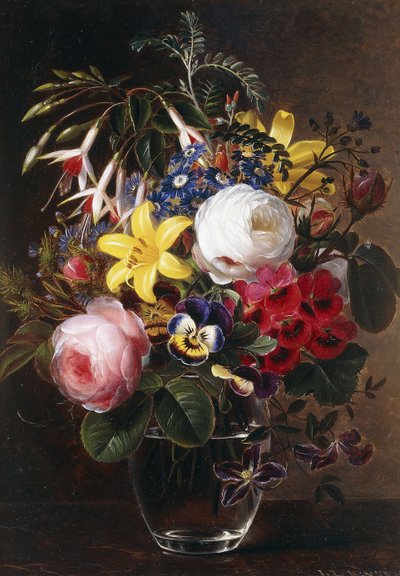 Rosas, lirios, pensamientos y otras flores en un jarrón de Johan Laurents Jensen