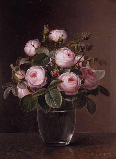 Rosas en un jarrón de cristal, 1842 de Johan Laurents Jensen