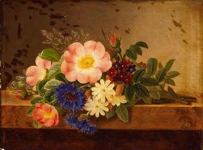 Flores silvestres, acianos y otras flores en una cornisa (óleo sobre lienzo) de Johan Laurents Jensen