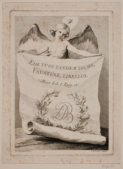 Cobre de título con un ángel sosteniendo un gran papel de Johan Martin Preisler