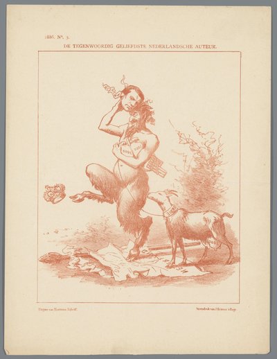 Caricatura sobre Busken Huet, 1886
De tegenwoordig geliefdste Nederlandsche auteur (título en el objeto) de Johan Michaël Schmidt Crans