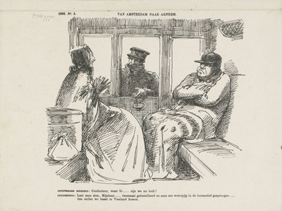 Caricatura de los numerosos accidentes en Rhijnspoorweg, 1866 De Ámsterdam a Arnhem (título sobre el objeto) de Johan Michaël Schmidt Crans