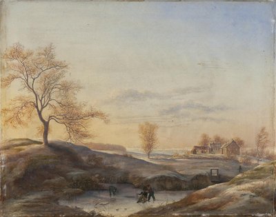Paisaje invernal de Frederiksdal con patinadores de Johan Stroe