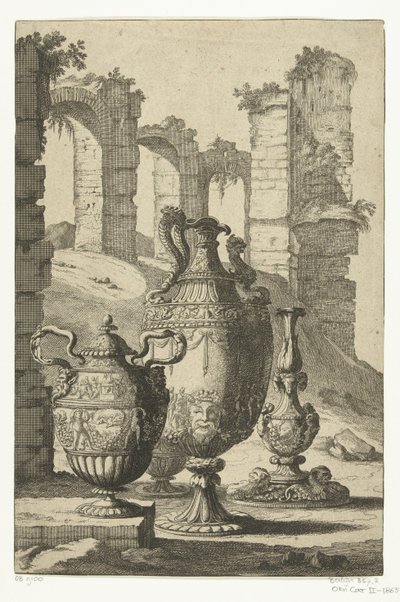 Tres jarrones y un candelero Materiam superabat opus (título sobre objeto) Jarrones y candelabros (título de la serie) de Johan Teyler (attributed to)