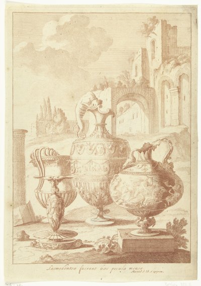 Candelabro y florero seco Laomedonteae desaparecert haec pocula mensea (título sobre el objeto) Jarrón y candelabro (título de la serie) de Johan Teyler (attributed to)