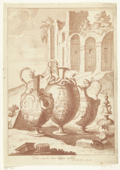 Cuatro jarrones, el cuarto roto Huc oculis, huc mente trahor (título sobre objeto) Jarrones y candelabros (título de la serie) de Johan Teyler (attributed to)