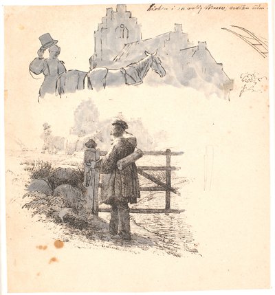 La hora del atardecer. Estudio de un campesino en la iglesia. Ilustración para "Fábulas para niños" de Kaalund. Ver comentario del catálogo de archivos. de Johan Thomas Lundbye