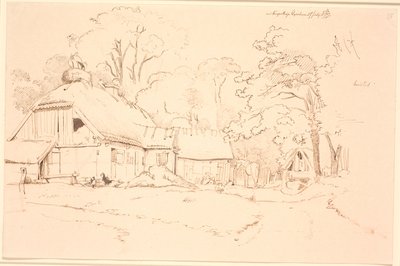 Casa de campo con un nido de cigüeña en el techo de Johan Thomas Lundbye