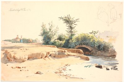 Lecho de río parcialmente seco con puente, arriba dos estudios a pluma de una niña vista desde atrás de Johan Thomas Lundbye