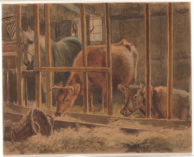 El interior de un establo con un caballo blanco y dos vacas de Johan Thomas Lundbye