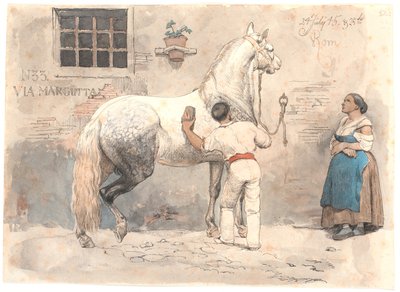 Un caballo grisáceo siendo cepillado en Via Margutta de Johan Thomas Lundbye