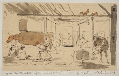 Un establo en una granja, pegado en la página 19 f.n. de Johan Thomas Lundbye