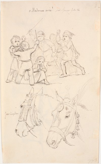 Una niña en medio de un grupo de niños peleando, dos cabezas de caballo en la parte inferior de Johan Thomas Lundbye