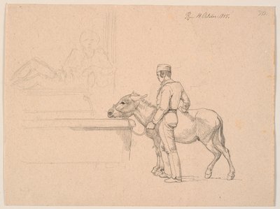 Un hombre con un burro junto a una fuente de Johan Thomas Lundbye