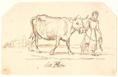 Una niña tirando de una vaca en un paisaje con una iglesia. "Pequeña Ada" de Johan Thomas Lundbye