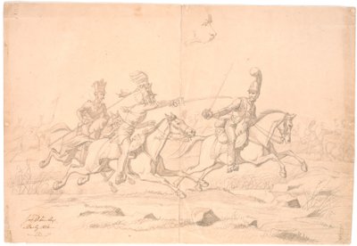 Una pelea de caballeros; arriba un estudio de una cabeza de Johan Thomas Lundbye