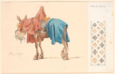 Un mulo comiendo su forraje. A la derecha en papel pegado una cenefa decorativa de Johan Thomas Lundbye