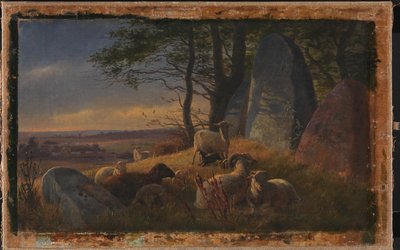 Escena vespertina con ovejas en un montículo de Johan Thomas Lundbye