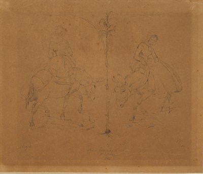 Fru Raffenberg sentada en un burro. Dos representaciones separadas por un tallo de planta de Johan Thomas Lundbye