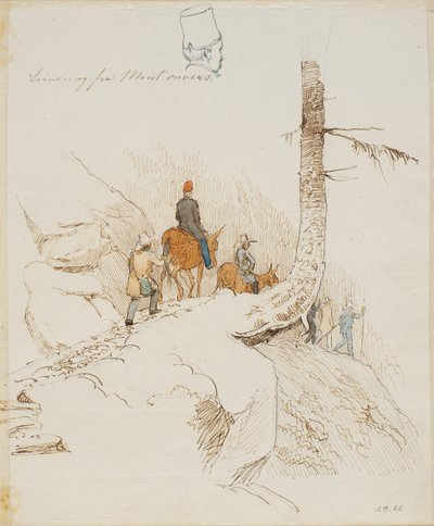Viajeros a pie y a caballo en un sendero de montaña sobre una pequeña cabeza masculina vista de espaldas de Johan Thomas Lundbye