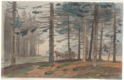 Bosque de abetos con camino, por donde pasa un carro de caballos con una carga de leña. En el fondo, un claro en el bosque de Johan Thomas Lundbye