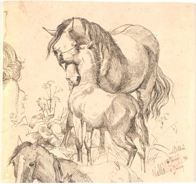 La yegua y el potro, estudio de caballo (espalda y cabeza) y orejas de un potro de Johan Thomas Lundbye