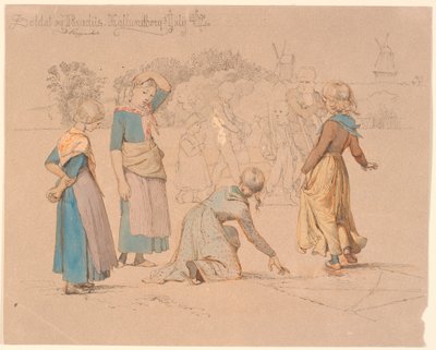 En primer plano, algunas niñas jugando a la rayuela. En el fondo, algunos niños jugando a ser soldados y un inválido observando de Johan Thomas Lundbye