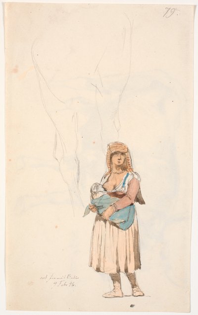 Italiana con su hijo lactante, arriba estudio a lápiz de - probablemente - una pata de caballo de Johan Thomas Lundbye
