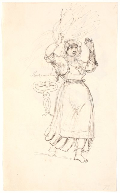 Campesina italiana con un manojo de leña en la cabeza. Estudio de un gancho que representa dos serpientes mordiéndose la cabeza de Johan Thomas Lundbye