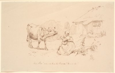 ¡Ven Bos! Afuera de una casa, una mujer con un niño que se extiende hacia una vaca de Johan Thomas Lundbye