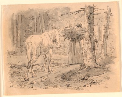 La mujer y el caballo. Ilustración de "Fábulas para niños" de Kaalund. Ver comentario del catálogo de archivos. de Johan Thomas Lundbye