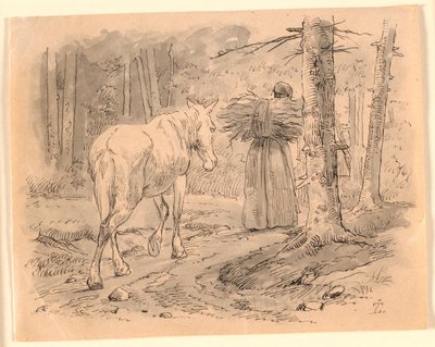 La mujer y el caballo. Ilustración de "Fábulas para niños" de Kaalund. Ver comentario del catálogo de archivos. de Johan Thomas Lundbye
