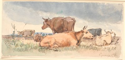 Paisaje con tres vacas acostadas y tres de pie de Johan Thomas Lundbye
