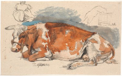 Vaca acostada. Arriba a la izquierda una campesina sentada, a la derecha un gato bebiendo de un diente de león de Johan Thomas Lundbye