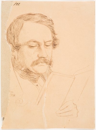 Retrato de hombre, frontal, ligeramente vuelto hacia la derecha, leyendo. de Johan Thomas Lundbye