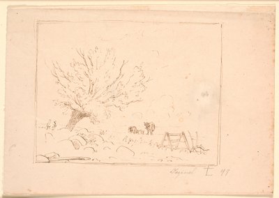 Paisaje con un sauce junto a grandes piedras, un gallo, un arado y tres vacas de Johan Thomas Lundbye