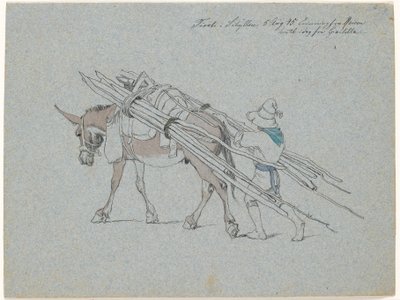 Mula cargada con troncos delgados y seguida por el conductor de Johan Thomas Lundbye