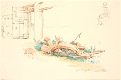 Algunos troncos de árboles y un cerdo frente a una puerta de granero, en la parte superior derecha estudio de un cuidador sentado de Johan Thomas Lundbye