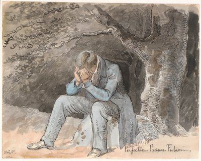 Perfectum - Præsens - Futurum. Joven sentado bajo un árbol con las manos en la cara de Johan Thomas Lundbye