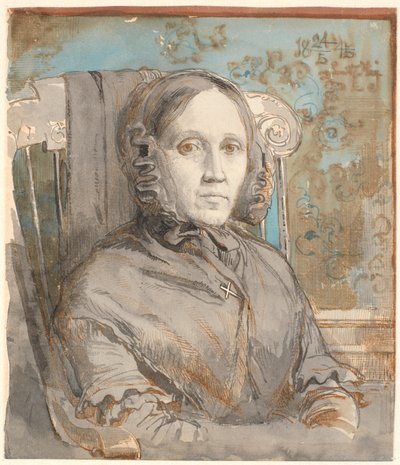 Retrato de la madre del artista, la coronela Cathrine Lundbye (nacida Bonnevie); medio cuerpo sentada en una silla hacia la derecha de Johan Thomas Lundbye